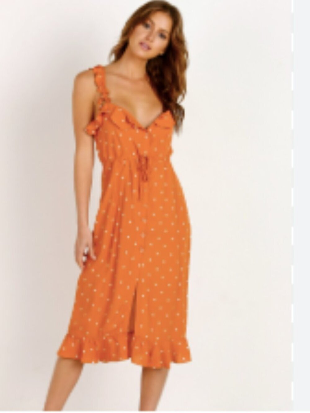 For Love and Lemons Natalia Midi Polka Dot Orange Saffron Dress XS - Picture 6 of 16